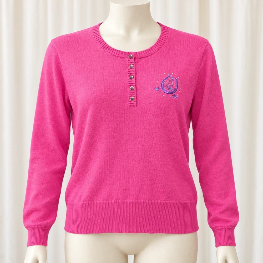 Wrangler XL Pink Cotton Henley Sweater Horseshoe Embroidered Western Cowgirl